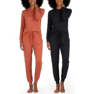 imageReal Essentials 2 Pack Womens Soft Long Sleeve Sleep Set  Comfortable Lounge Pull Over Hoodie and Henley JoggerHenley Set 7