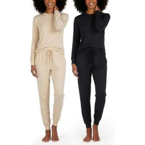 imageReal Essentials 2 Pack Womens Soft Long Sleeve Sleep Set  Comfortable Lounge Pull Over Hoodie and Henley JoggerSet 3