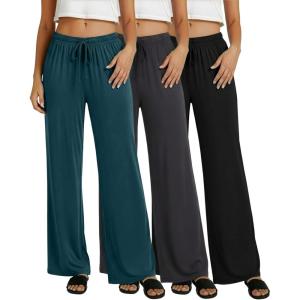 imageReal Essentials 3 Pack Womens Soft Palazzo Pants  Wide Leg Yoga Casual Loungewear Pajama Pj Bottoms Plus AvailableSet 3
