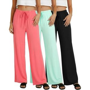 imageReal Essentials 3 Pack Womens Soft Palazzo Pants  Wide Leg Yoga Casual Loungewear Pajama Pj Bottoms Plus AvailableSet 8