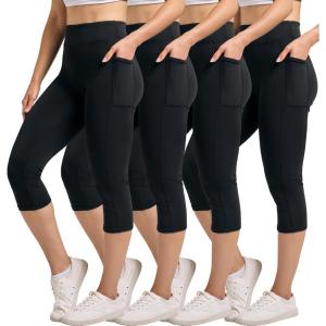 imageReal Essentials 4 Pack Womens Capri Leggings with Pockets Casual Yoga Workout Exercise Pants Available in Plus SizeSet 1