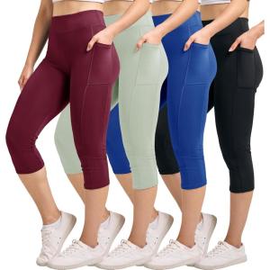 imageReal Essentials 4 Pack Womens Capri Leggings with Pockets Casual Yoga Workout Exercise Pants Available in Plus SizeSet 9