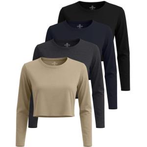 imageReal Essentials 4 Pack Womens Cotton Long Sleeve Crew Crop Top  Casual Cropped TShirt Available in Plus SizeSet 1