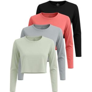 imageReal Essentials 4 Pack Womens Cotton Long Sleeve Crew Crop Top  Casual Cropped TShirt Available in Plus SizeSet 3