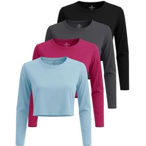 imageReal Essentials 4 Pack Womens Cotton Long Sleeve Crew Crop Top  Casual Cropped TShirt Available in Plus SizeSet 4