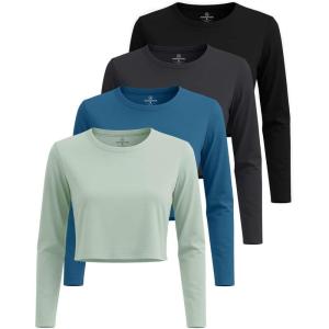 imageReal Essentials 4 Pack Womens Cotton Long Sleeve Crew Crop Top  Casual Cropped TShirt Available in Plus SizeSet 5