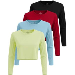 imageReal Essentials 4 Pack Womens Cotton Long Sleeve Crew Crop Top  Casual Cropped TShirt Available in Plus SizeSet 6