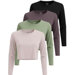 imageReal Essentials 4 Pack Womens Cotton Long Sleeve Crew Crop Top  Casual Cropped TShirt Available in Plus SizeSet 7
