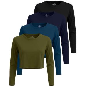 imageReal Essentials 4 Pack Womens Cotton Long Sleeve Crew Crop Top  Casual Cropped TShirt Available in Plus SizeSet 8