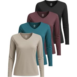imageReal Essentials 4 Pack Womens Long Sleeve Dry Fit VNeck TShirt  Active Athletic Workout Gym Top Plus AvailableSet 10