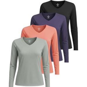 imageReal Essentials 4 Pack Womens Long Sleeve Dry Fit VNeck TShirt  Active Athletic Workout Gym Top Plus AvailableSet 5