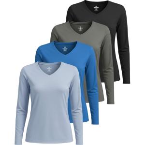 imageReal Essentials 4 Pack Womens Long Sleeve Dry Fit VNeck TShirt  Active Athletic Workout Gym Top Plus AvailableSet 7