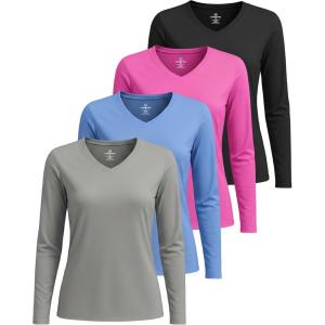 imageReal Essentials 4 Pack Womens Long Sleeve Dry Fit VNeck TShirt  Active Athletic Workout Gym Top Plus AvailableSet 9
