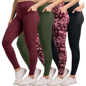 imageReal Essentials 4Pack Womens Full Length Fitted Athletic Yoga Performance Leggings with Pockets Available in Plus SizeSet 6