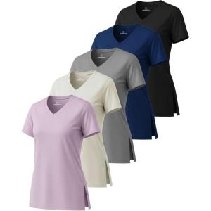 imageReal Essentials 5 Pack Womens Short Sleeve Split Hem VNeck TShirts Athletic Tops Gym Workout Yoga Activewear PlusSet 1