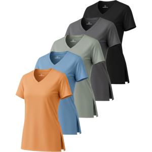imageReal Essentials 5 Pack Womens Short Sleeve Split Hem VNeck TShirts Athletic Tops Gym Workout Yoga Activewear PlusSet 2