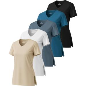 imageReal Essentials 5 Pack Womens Short Sleeve Split Hem VNeck TShirts Athletic Tops Gym Workout Yoga Activewear PlusSet 3