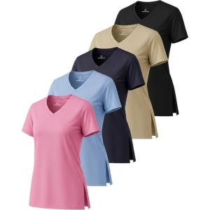imageReal Essentials 5 Pack Womens Short Sleeve Split Hem VNeck TShirts Athletic Tops Gym Workout Yoga Activewear PlusSet 5
