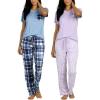 image:imageReal Essentials 2 Pack Womens Comfy Pajama Sets  Short amp Long Sleeve Ladies Loungewear Sleepwear PJs Available In PlusSet L Purple  Blue