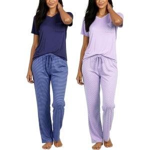 image:imageReal Essentials 2 Pack Womens Comfy Pajama Sets  Short amp Long Sleeve Ladies Loungewear Sleepwear PJs Available In PlusSet B Purple  Blue