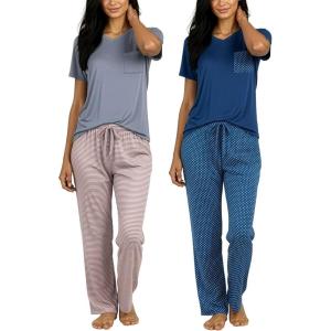 image:imageReal Essentials 2 Pack Womens Comfy Pajama Sets  Short amp Long Sleeve Ladies Loungewear Sleepwear PJs Available In PlusSet C Gray  Navy