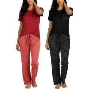 image:imageReal Essentials 2 Pack Womens Comfy Pajama Sets  Short amp Long Sleeve Ladies Loungewear Sleepwear PJs Available In PlusSet D Black  Orange