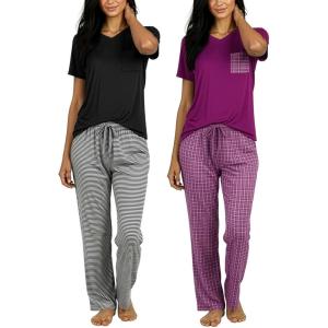image:imageReal Essentials 2 Pack Womens Comfy Pajama Sets  Short amp Long Sleeve Ladies Loungewear Sleepwear PJs Available In PlusSet E Black  Purple