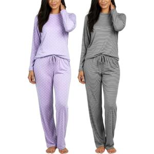 image:imageReal Essentials 2 Pack Womens Comfy Pajama Sets  Short amp Long Sleeve Ladies Loungewear Sleepwear PJs Available In PlusSet E Purple  Black