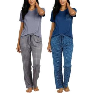 image:imageReal Essentials 2 Pack Womens Comfy Pajama Sets  Short amp Long Sleeve Ladies Loungewear Sleepwear PJs Available In PlusSet F Gray  Navy