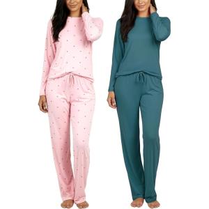 image:imageReal Essentials 2 Pack Womens Comfy Pajama Sets  Short amp Long Sleeve Ladies Loungewear Sleepwear PJs Available In PlusSet F Green  Pink