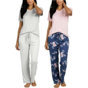 image:imageReal Essentials 2 Pack Womens Comfy Pajama Sets  Short amp Long Sleeve Ladies Loungewear Sleepwear PJs Available In PlusSet G Purple  Pink