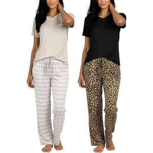 image:imageReal Essentials 2 Pack Womens Comfy Pajama Sets  Short amp Long Sleeve Ladies Loungewear Sleepwear PJs Available In PlusSet H Black  Beige