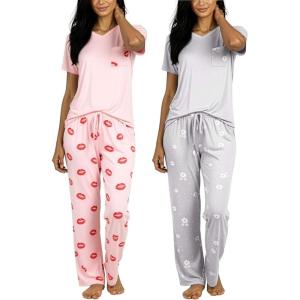 image:imageReal Essentials 2 Pack Womens Comfy Pajama Sets  Short amp Long Sleeve Ladies Loungewear Sleepwear PJs Available In PlusSet J Gray  Pink
