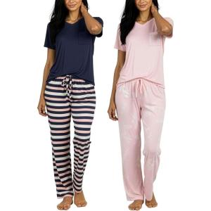image:imageReal Essentials 2 Pack Womens Comfy Pajama Sets  Short amp Long Sleeve Ladies Loungewear Sleepwear PJs Available In PlusSet K Navy  Pink