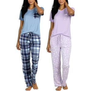 image:imageReal Essentials 2 Pack Womens Comfy Pajama Sets  Short amp Long Sleeve Ladies Loungewear Sleepwear PJs Available In PlusSet L Purple  Blue