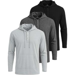 image:imageReal Essentials 3 Pack Mens Cotton Henley Pullover Hoodie Lightweight Casual Long Sleeve Hooded Sweatshirt Big amp TallBlack  Charcoal  Blue