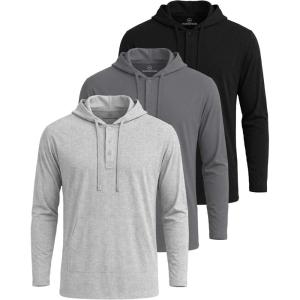 image:imageReal Essentials 3 Pack Mens Cotton Henley Pullover Hoodie Lightweight Casual Long Sleeve Hooded Sweatshirt Big amp TallBlack  Quite Shade  Grey