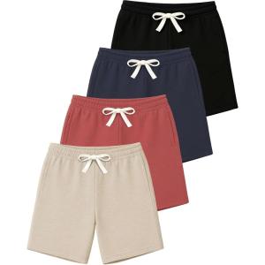 image:imageReal Essentials 4 Pack Boys Cotton French Terry Shorts with Pockets for Kids Teens Youth  Sleep Casual Lounge 418Set 4