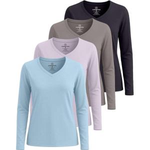 image:imageReal Essentials 4 Pack Womens Cotton Long Sleeve VNeck TShirts  Soft Casual Lounge Tee Tops Available in PlusSet 1