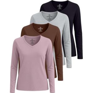 image:imageReal Essentials 4 Pack Womens Cotton Long Sleeve VNeck TShirts  Soft Casual Lounge Tee Tops Available in PlusSet 2