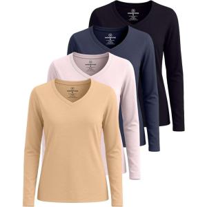 image:imageReal Essentials 4 Pack Womens Cotton Long Sleeve VNeck TShirts  Soft Casual Lounge Tee Tops Available in PlusSet 3