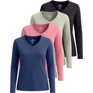 image:imageReal Essentials 4 Pack Womens Cotton Long Sleeve VNeck TShirts  Soft Casual Lounge Tee Tops Available in PlusSet 4