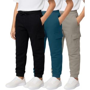 image:imageReal Essentials 3 Pack Boys Cotton Fleece Cargo Joggers Athletic Sweatpants  Kids Casual Sports Pants Pockets Ages 616Set 4