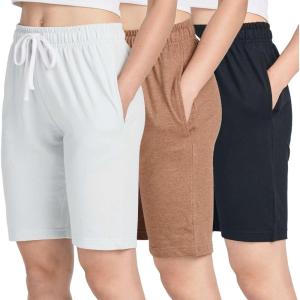 image:imageReal Essentials 3 Pack Womens Cotton Terry Jersey 9 Bermuda Shorts PocketsCasual Lounge Yoga Available in Plus SizeSet 3