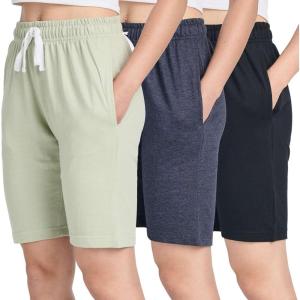 image:imageReal Essentials 3 Pack Womens Cotton Terry Jersey 9 Bermuda Shorts PocketsCasual Lounge Yoga Available in Plus SizeSet 6
