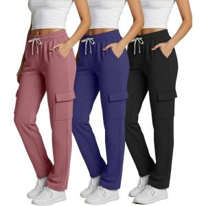 image:imageReal Essentials 3 Pack Womens Fleece Cargo Sweatpants Open Bottom Lounge amp Athletic Casual Pants with PocketsSet 1