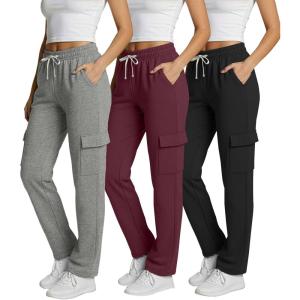 image:imageReal Essentials 3 Pack Womens Fleece Cargo Sweatpants Open Bottom Lounge amp Athletic Casual Pants with PocketsSet 2