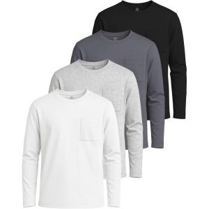image:imageReal Essentials 4 Pack Boys Cotton Jersey Long Sleeve TShirt with Pocket  Kids Teens Youth Crew Neck Tee Top Ages 416Set 3