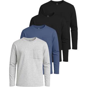 image:imageReal Essentials 4 Pack Boys Cotton Jersey Long Sleeve TShirt with Pocket  Kids Teens Youth Crew Neck Tee Top Ages 416Set 8