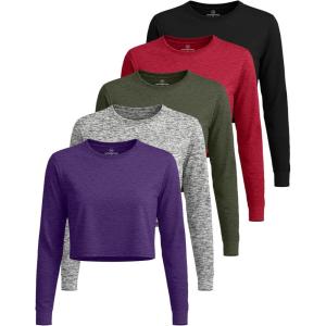 image:imageReal Essentials 5 Pack Womens DryFit Long Sleeve Crop Top  Running Workout Gym Athletic Crew Neck Shirt Plus AvailableSet 1